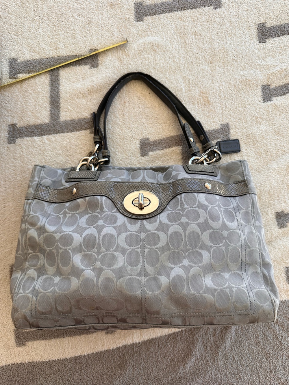 Coach Gray Signature Canvas Turnlock Tote with Black Handles 2011 y2k bag